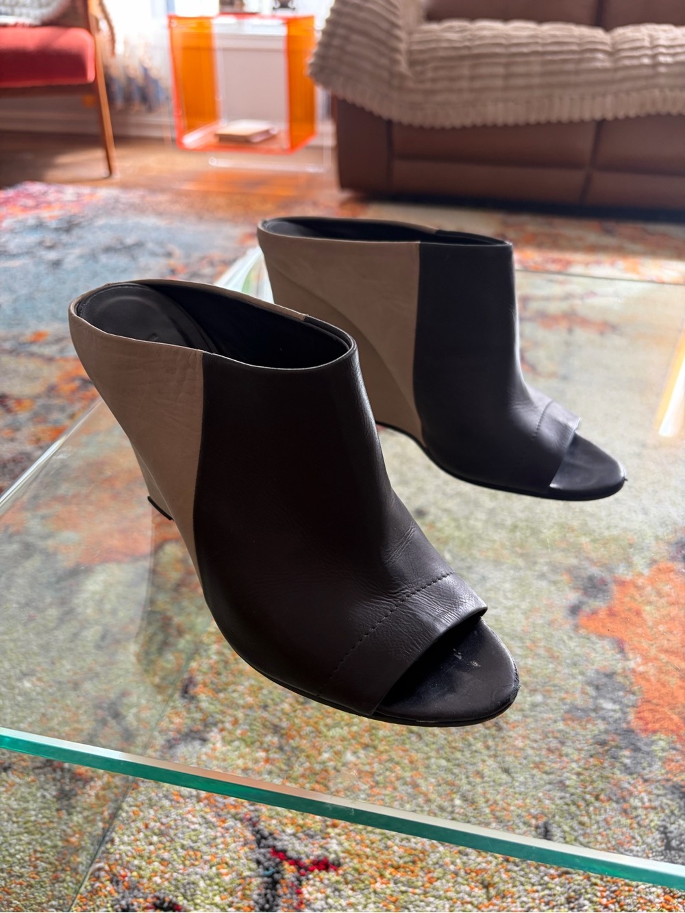 Women's Vince Two-Tone Peep-Toe Leather Mules - Black & Taupe